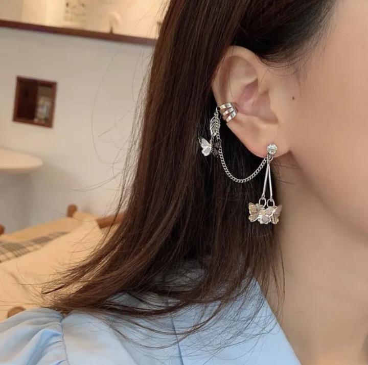 Butterfly Hanging Silver Plated Ear Cuffs