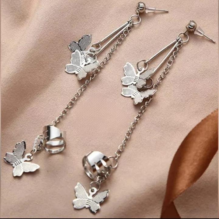 Butterfly Hanging Silver Plated Ear Cuffs